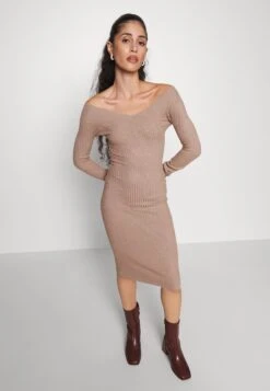V Ausschnitt Ripp Mini Bodycon Strickkleid - Robe Fourreau - Taupe -Even-Odd Magasin 30adb6cfefe64e80a46027265edc2c55