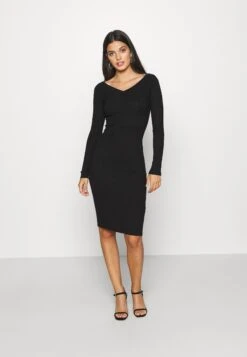 Even&Odd V Ausschnitt Ripp Mini Strickkleid - Robe Fourreau - Black